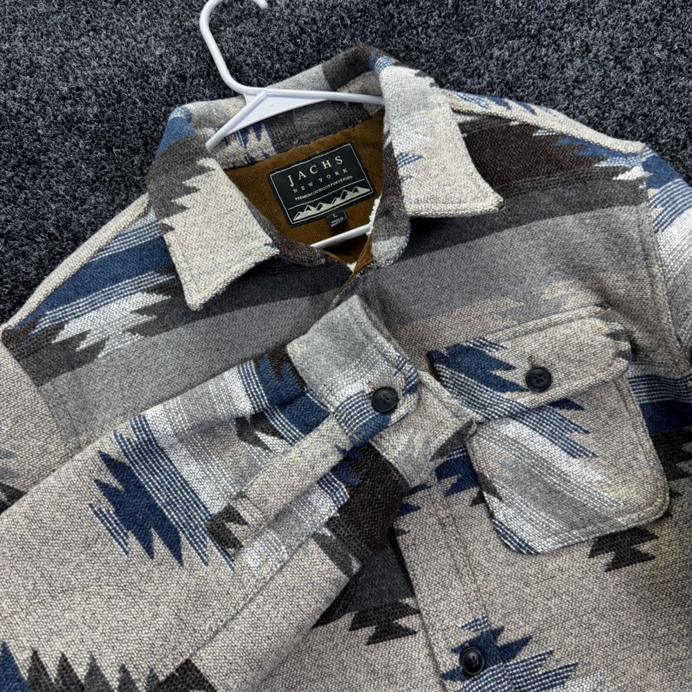 Jachs NY Mens Sherpa Lined Southwestern Aztec Wool Blend Shirt Jacket Grey Large